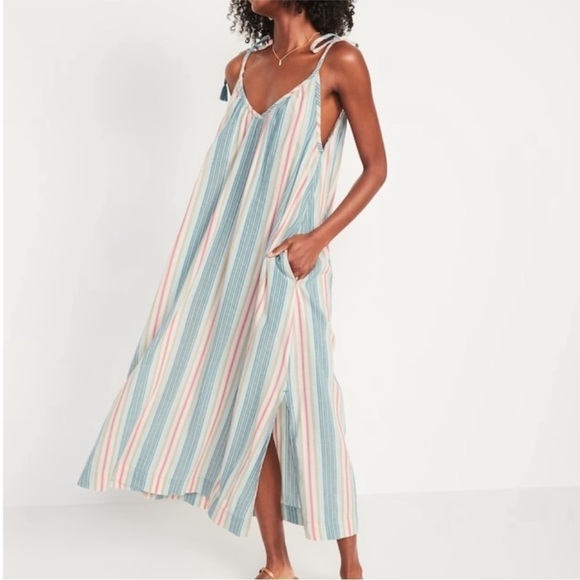 Old Navy Shoulder Tie Striped Swing Maxi Dress Blue Pink - Picture 1 of 9